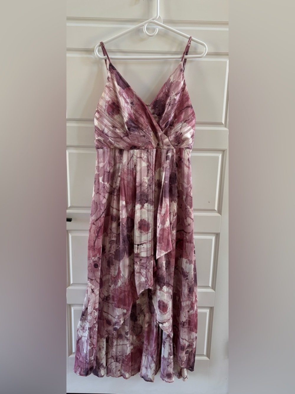 Lulus Mauve Floral High Low Dress XL | Chiffon Wrap Bodice Flowy Midi